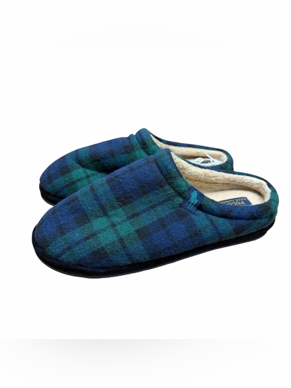 Polo Ralph Lauren size 14 Green & Navy Plaid Slip-On Slippers